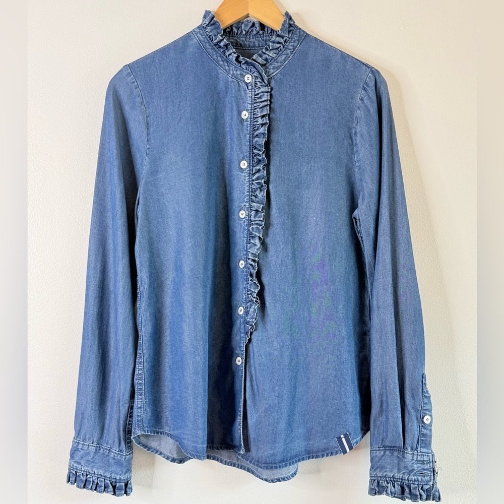 NEW COURT & ROWE Ruffle Tencel Lyocell Button-Down Shirt in Denim Blue - Picture 5 of 10
